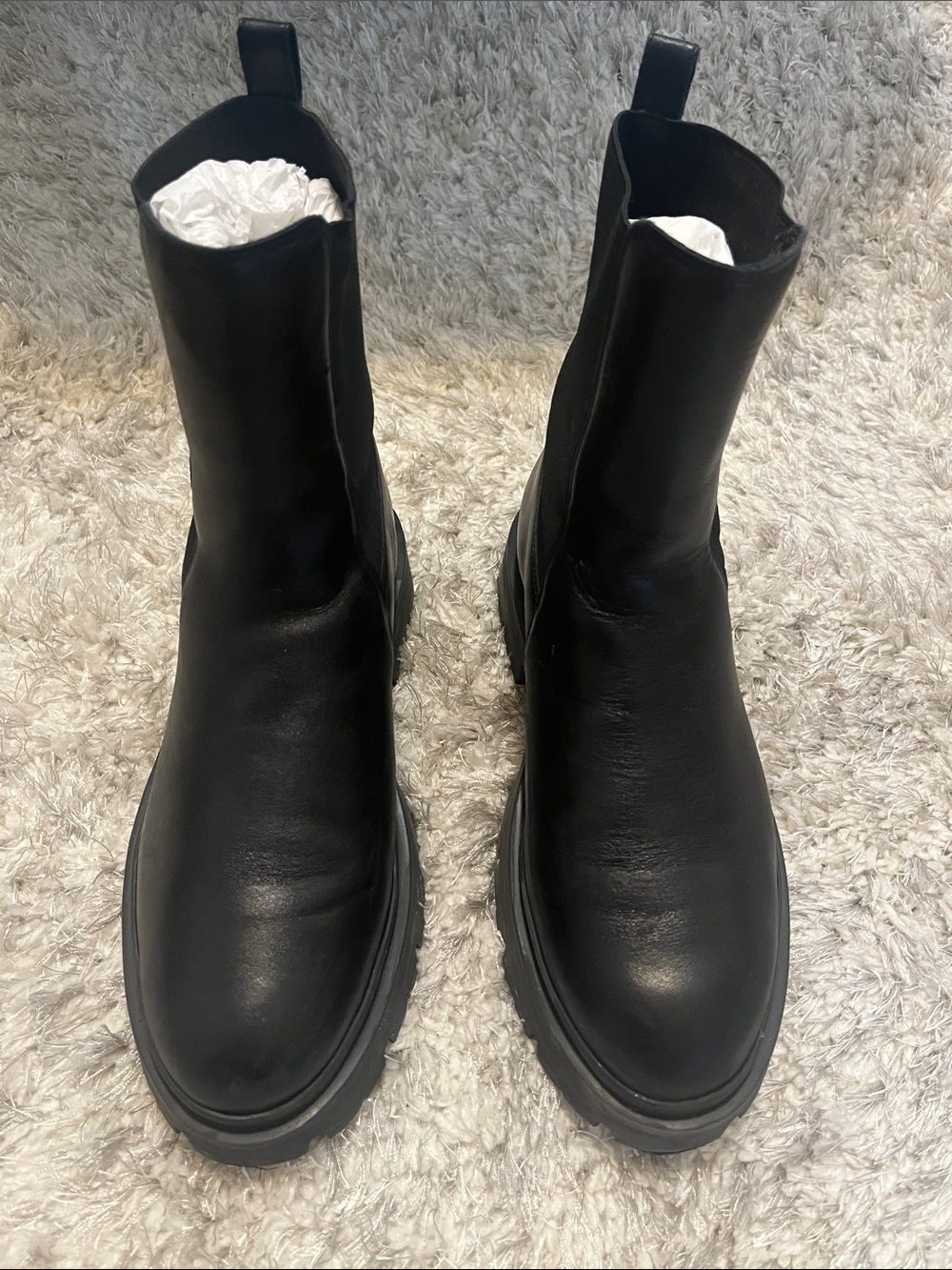 SCHUTZ Billie Black Chelsea Lug Boots — Minimal Pull-On Design